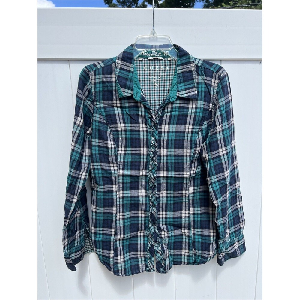 Guess Womens Western Rodeo Blue Plaid Button Up Long Sleeve Sz Large
